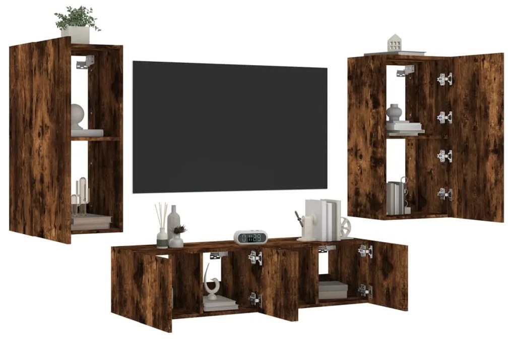 Mobili Tv A Muro Con Led 4pz Rovere Fumo İn Legno Multistrato /