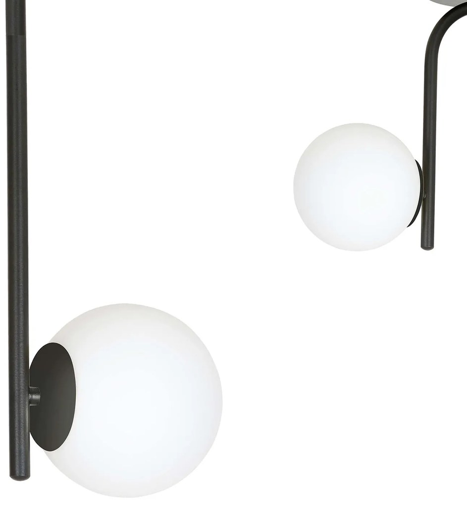 Lampadario 2 Luci Rama In Acciaio Nero A Bracci E Sfere In Vetro Opalino
