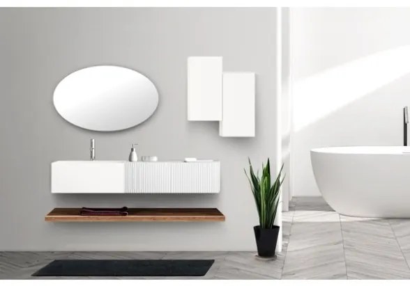 Lavabo 60 cm con due cassetti laterali 40 cm bianchi specchio e mensole inferiori Rovere - Itaca