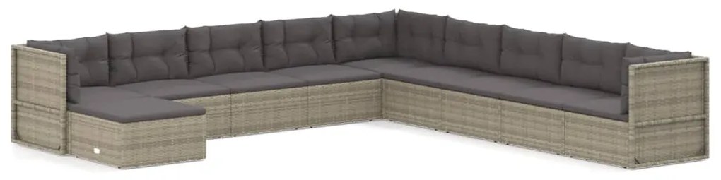 Set Divani da Giardino 10 pz con Cuscini in Polyrattan Grigio