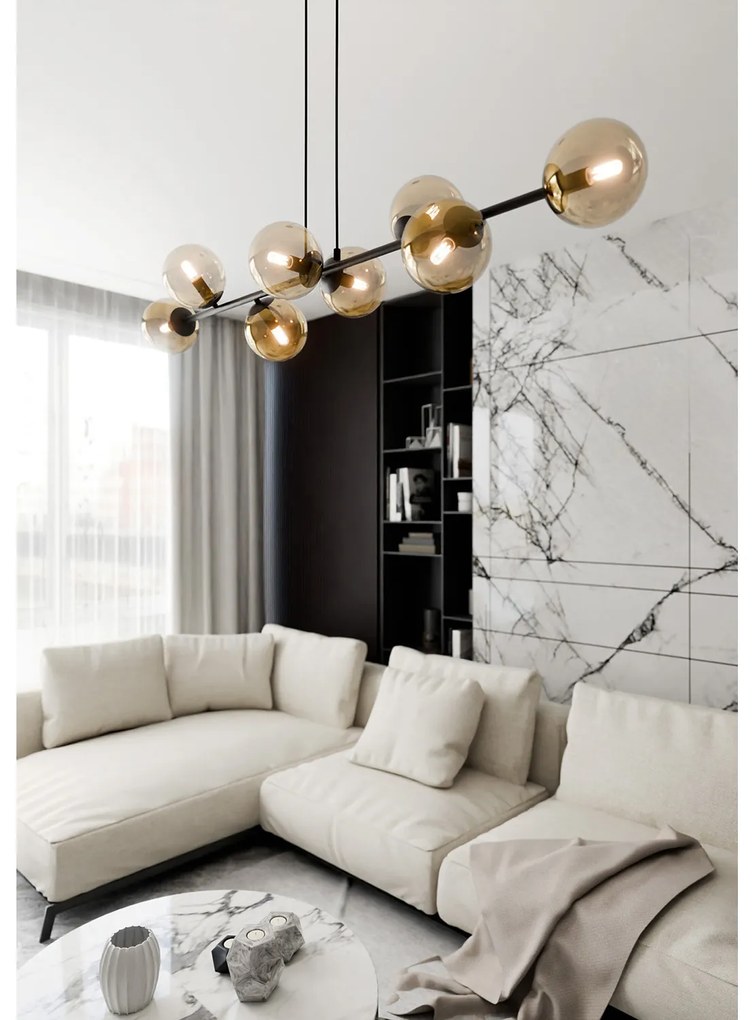 Lampadario Contemporaneo 8 Luci Durga In Acciaio Nero E Sfere In Vetro Ambra