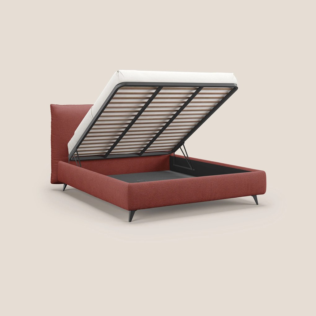 EROS letto imbottito in piuma con vano contenitore in pregiato e fresco bouclet smacchiabile T16 rosso