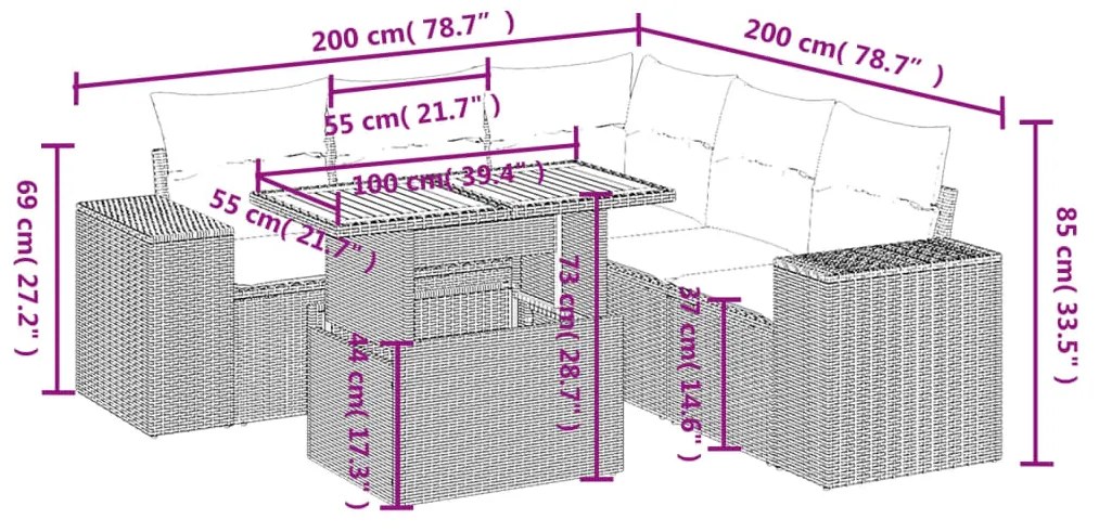 Set divano da giardino 6 pz con cuscini nero in polyrattan