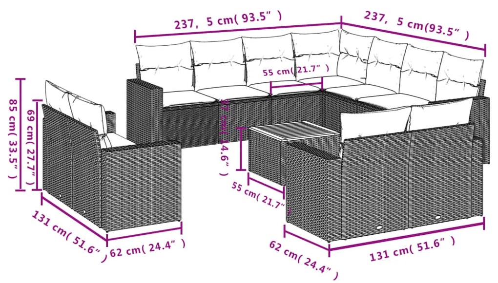 Set divani da giardino 12 pz con cuscini beige in polyrattan