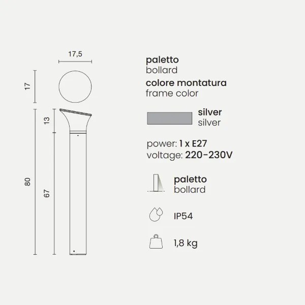 Paletto ARES in alluminio verniciato Silver H80 cm