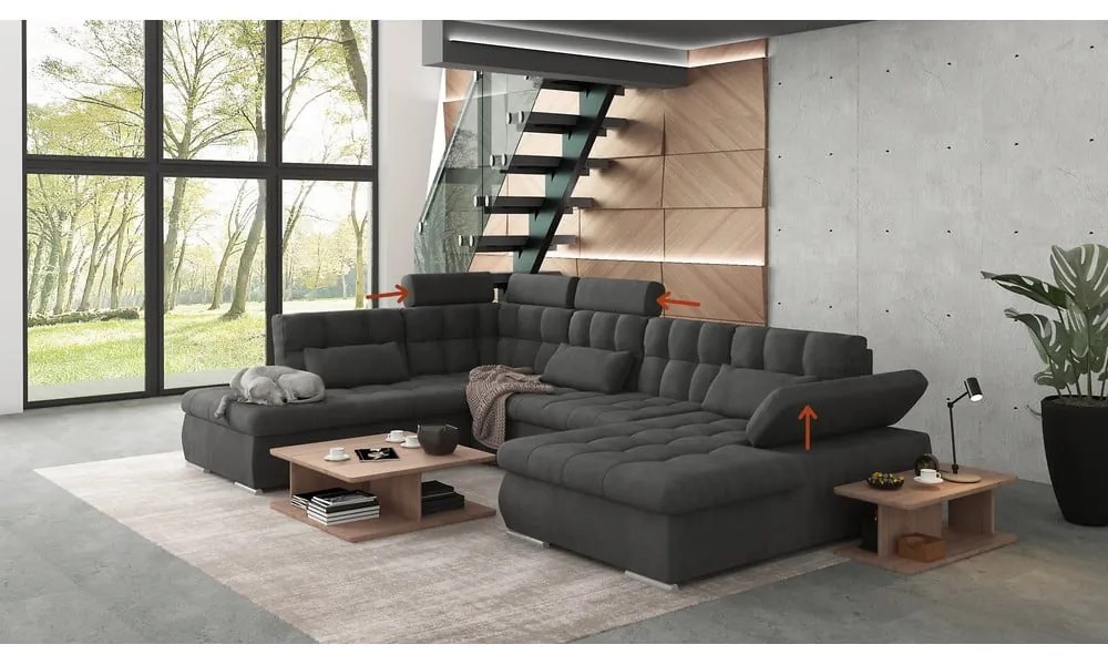 Divano angolare color antracite allungabile e con contenitore (con penisola a sinistra/a U) Merkur – Ropez