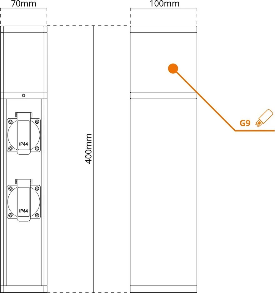 Paletto da Giardino Rettangolare Doppia Presa Corrente 40cm G9 - Bianco
