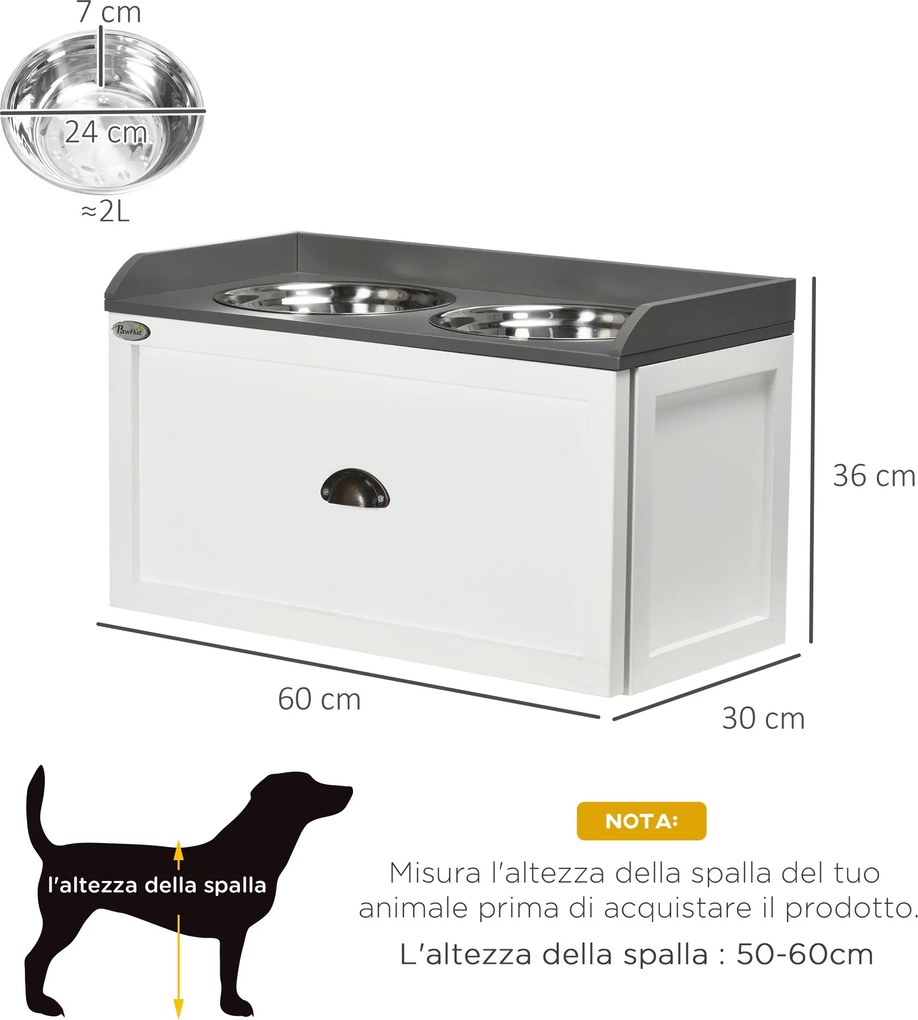 Ciotole per Cani Rialzate 60x30x36 cm con Cassetto in Acciaio Inox e Legno Bianco e Grigio...