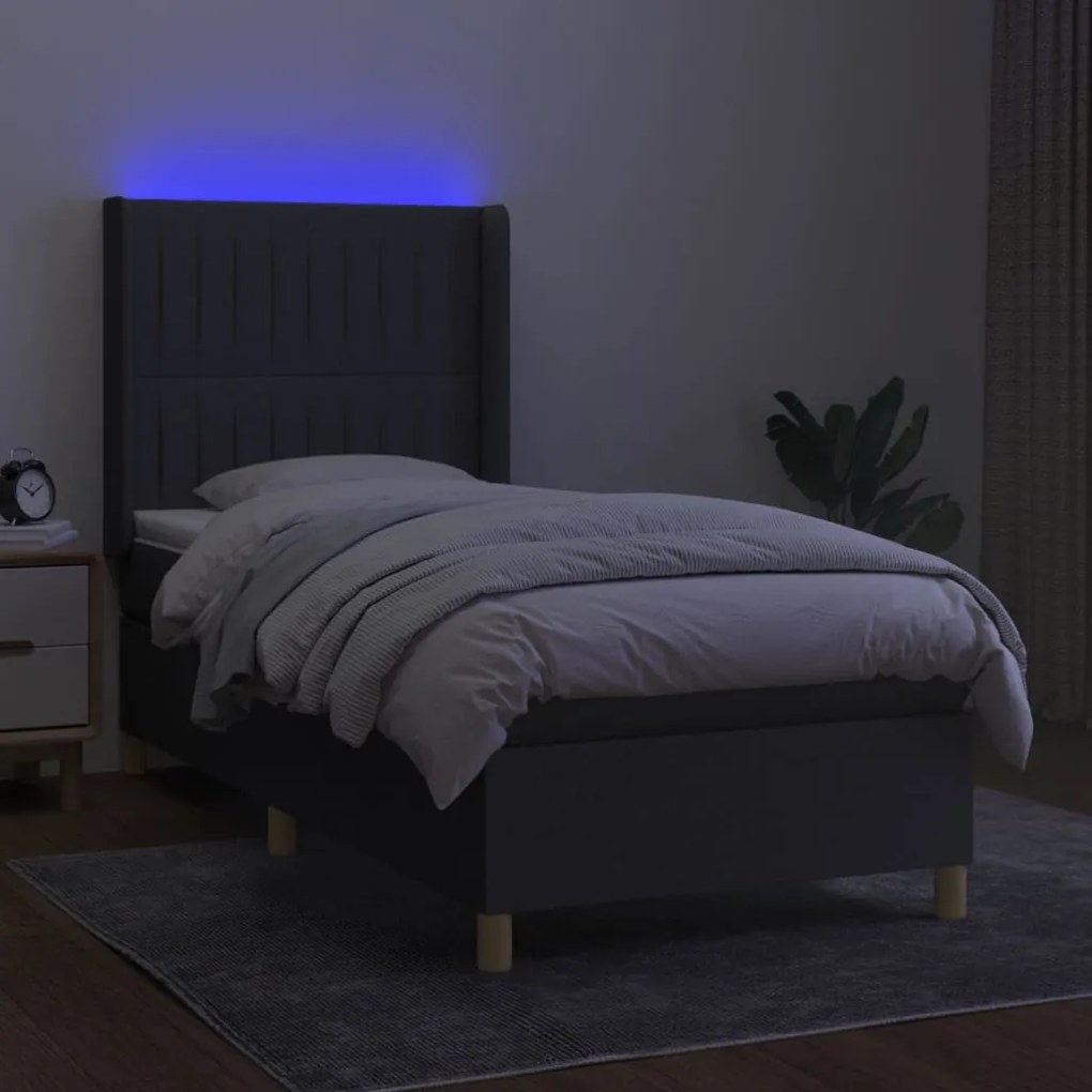 Letto a molle materasso e led grigio scuro 100x200cm in tessuto