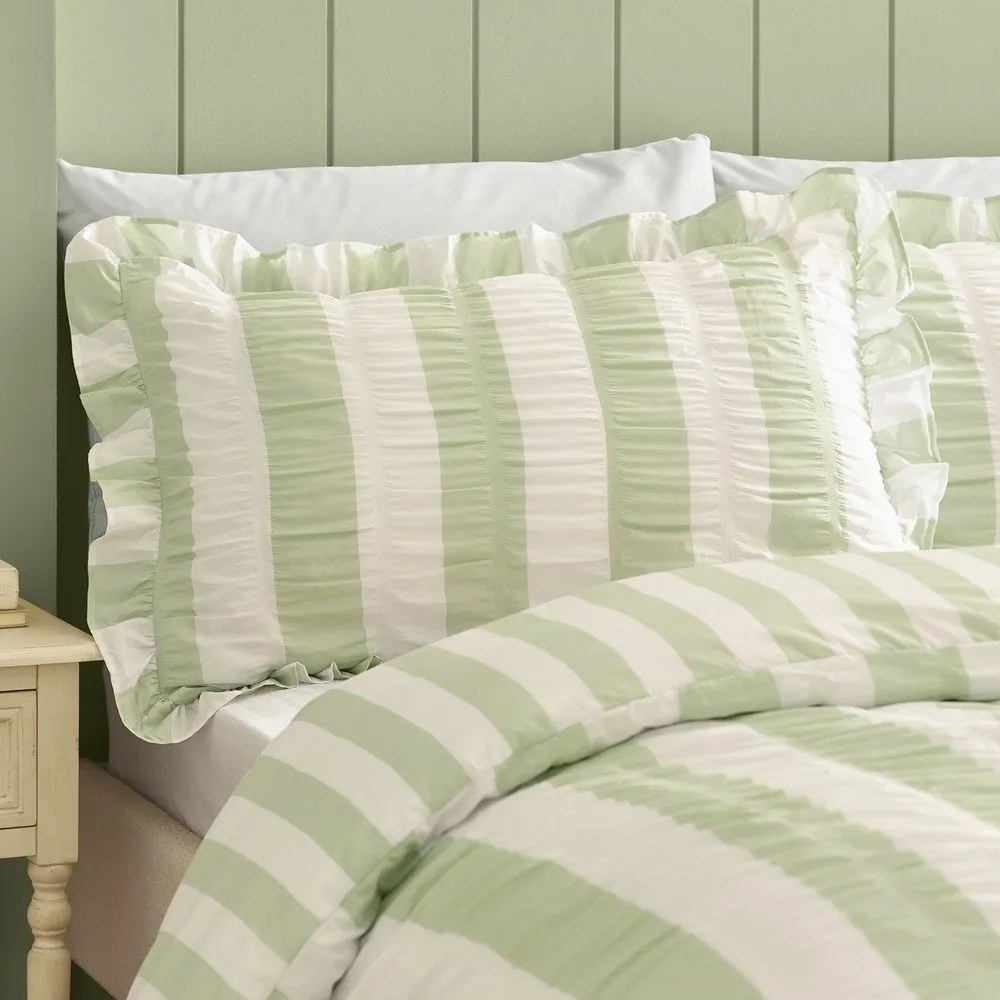 Set copripiumino e federa verde per letto matrimoniale 3 pezzi 200x200 cm Seersucker Frill Stripe – Catherine Lansfield