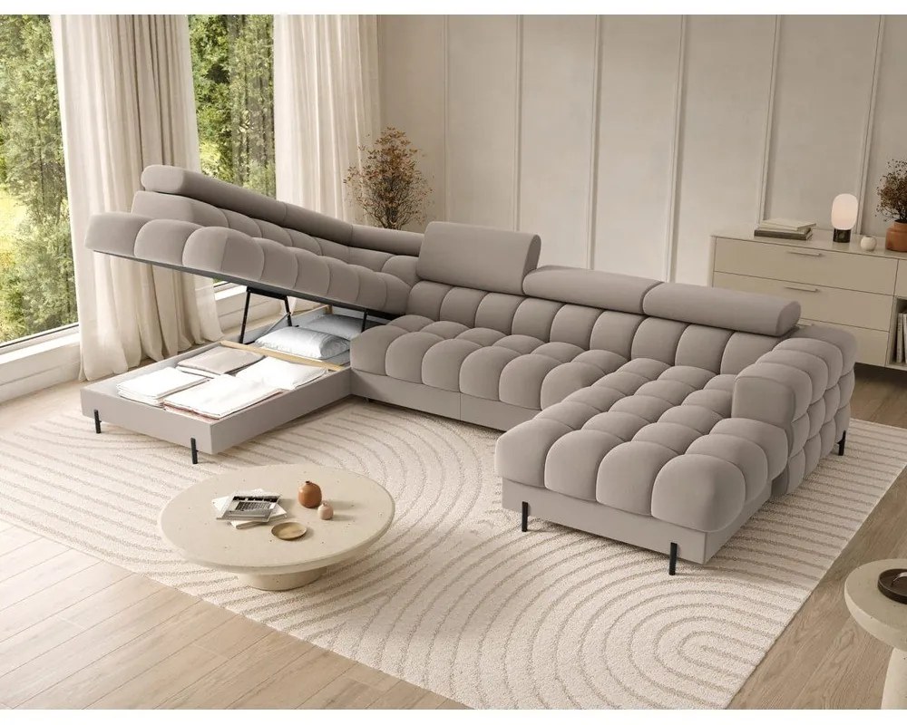 Divano angolare marrone chiaro allungabile (con penisola a sinistra/a U) con rivestimento in velluto Feraria – ELTAP