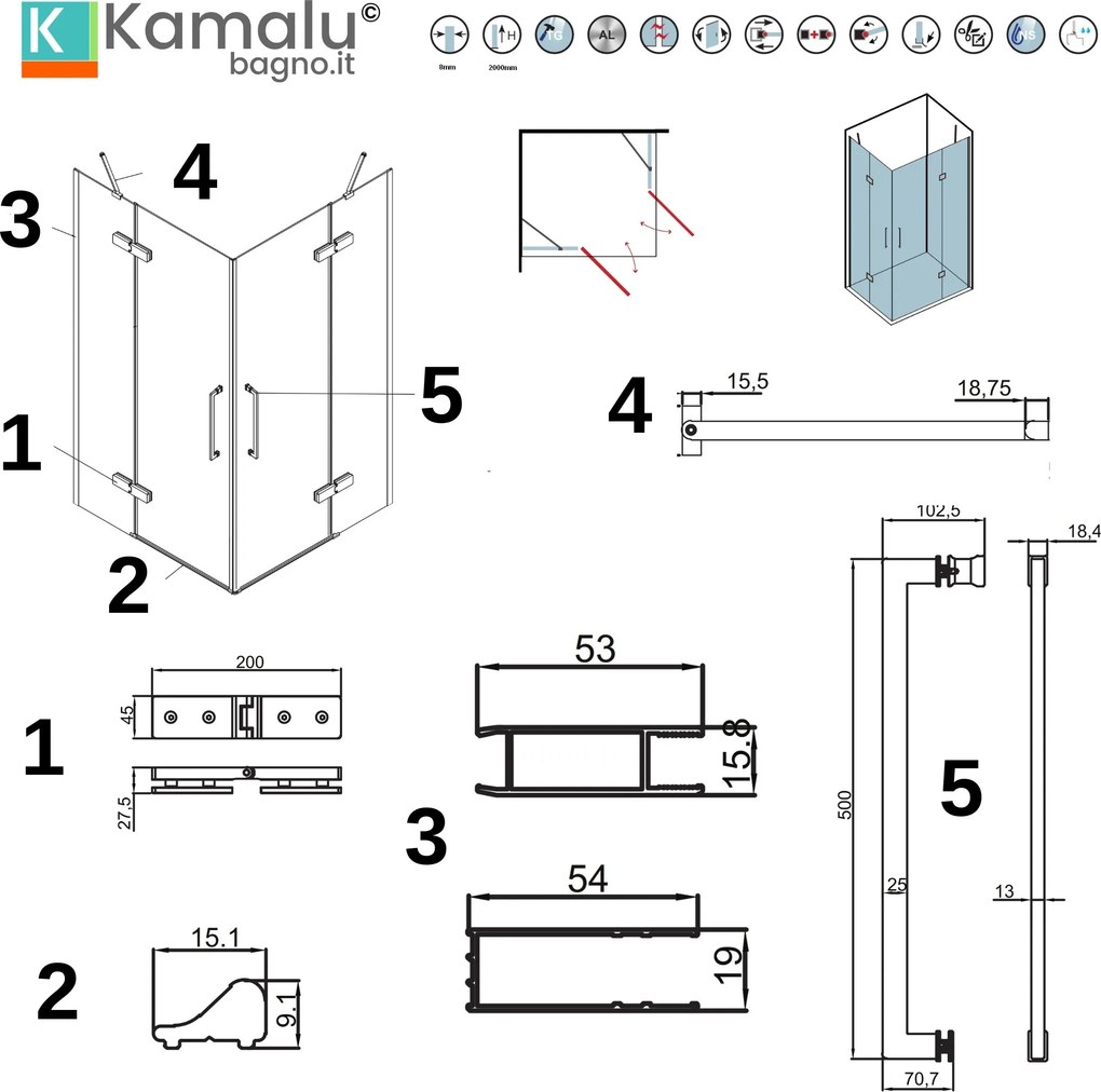 Box doccia angolo 80x80 ante battenti vetro anticalcare KT1000 - KAMALU