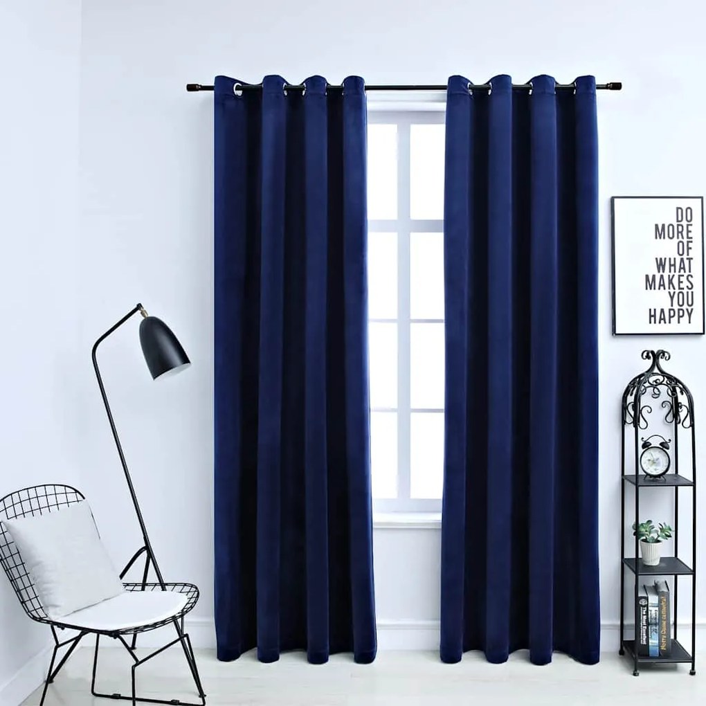 Tende Oscuranti Con Anelli 2 Pz Blu Scuro İn Velluto 140x175 Cm /