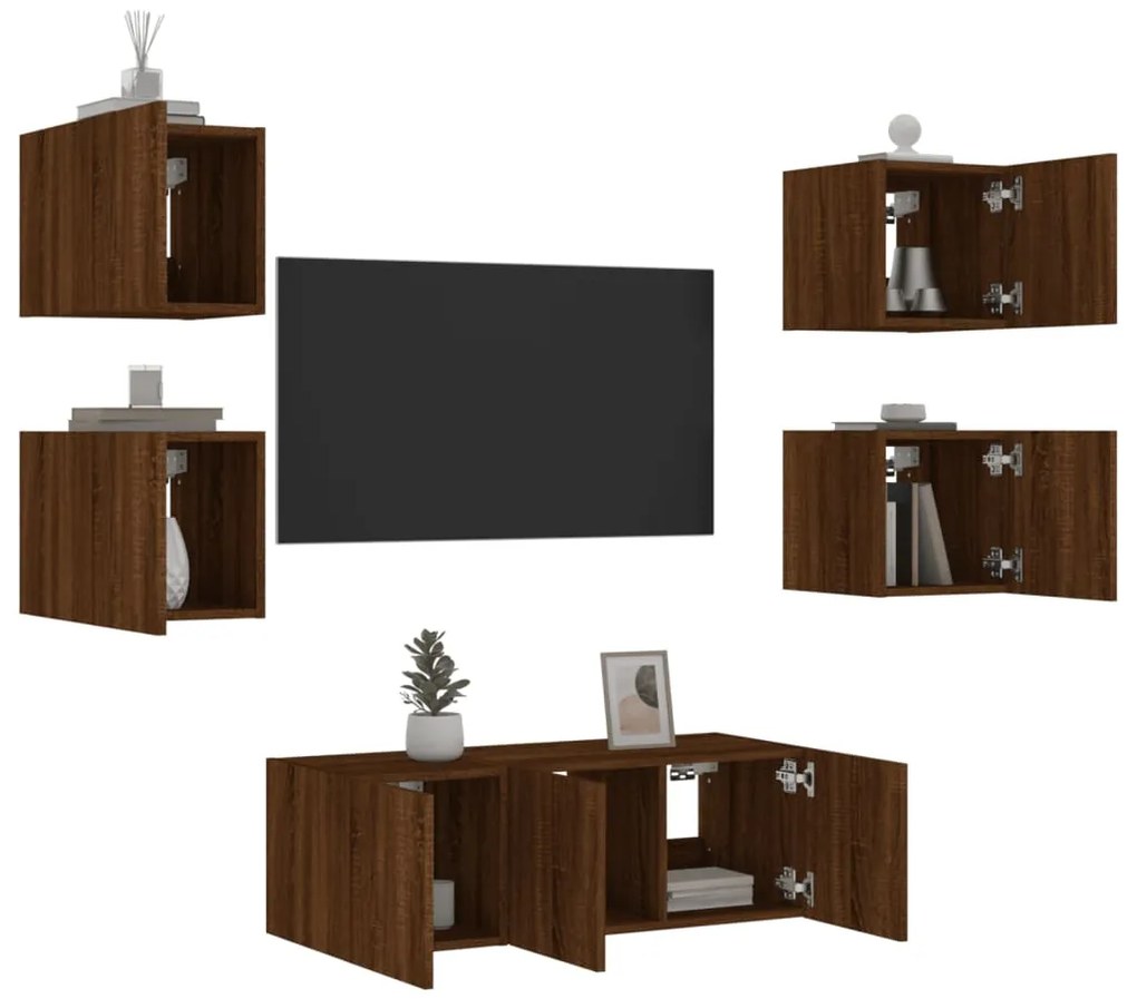 Mobili Tv A Muro Con Led 6pz Rovere Marrone Legno Multistrato /