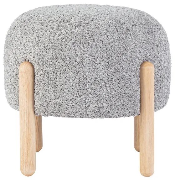 Pouf DAYLA in tessuto grigio chiaro effetto bouclé e gambe in legno rubber wood