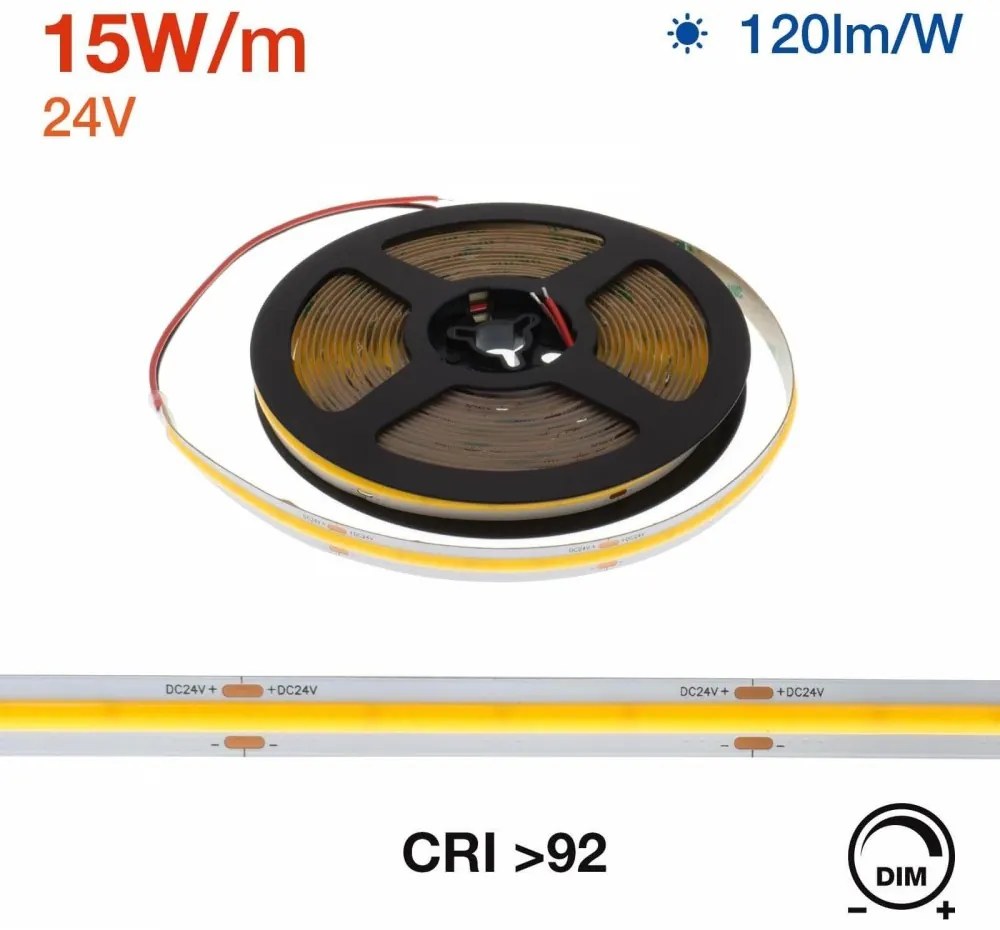 Striscia LED COB 15W/m, 24VDC, IP20, 5m Professional Colore  Bianco Naturale 4.000K