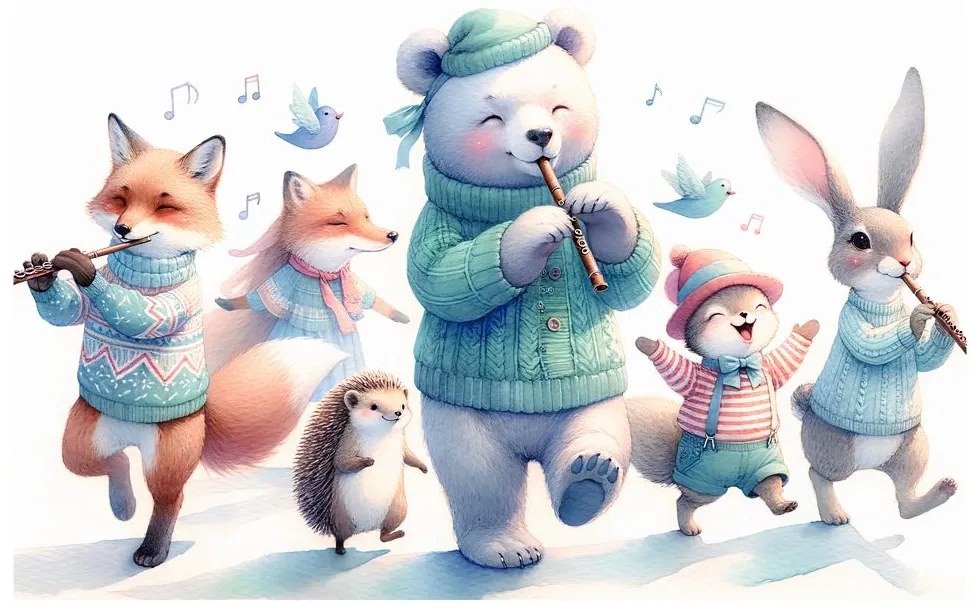 Quadro su tela – Parata musicale di animali nel paesaggio invernale