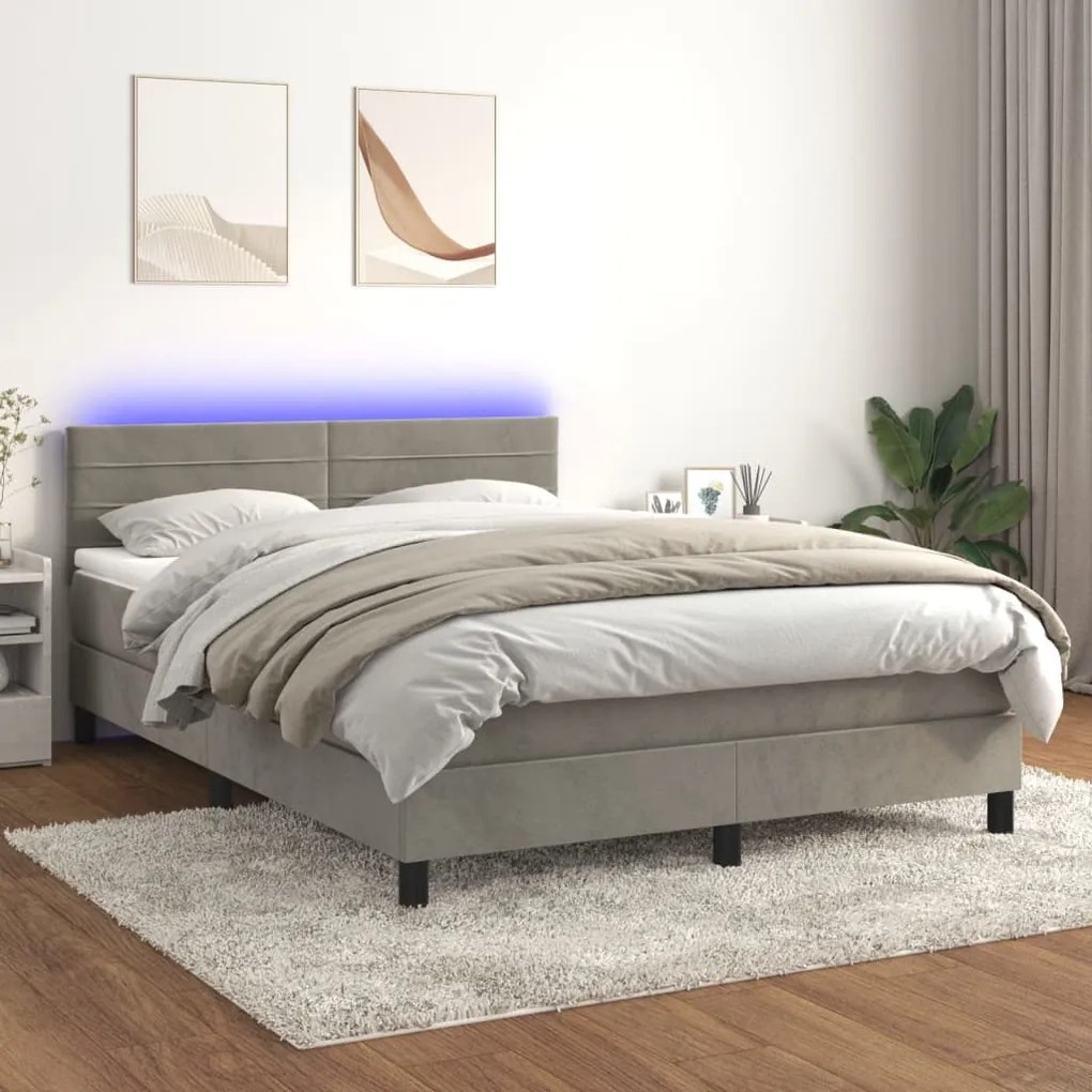 Letto a molle materasso e led grigio chiaro 140x200 cm velluto