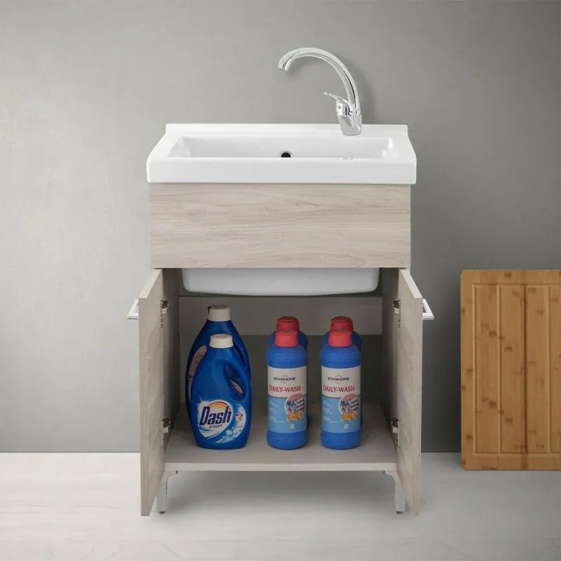 Mobile lavatoio 60x50 cm rovere grigio con vasca lavapanni in ceramica