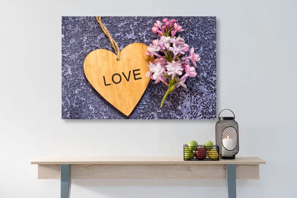 Quadro su tela – Cuore di legno con scritta Love