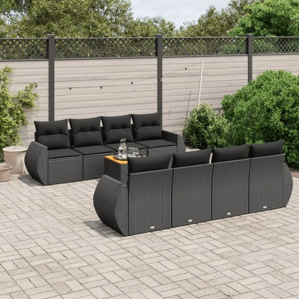 Set divani da giardino 9 pz con cuscini nero in polyrattan