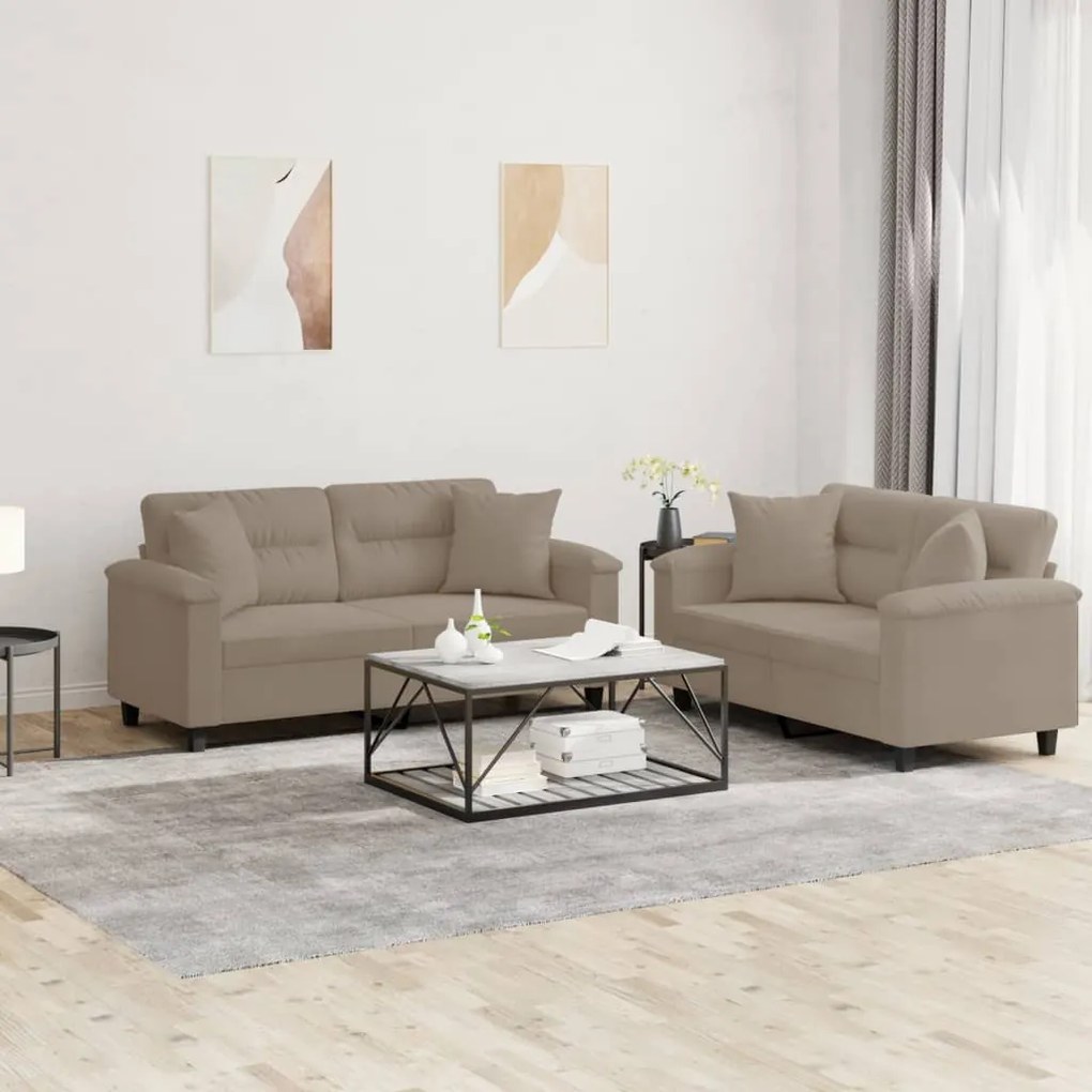 Set divani 2 pz con cuscini tortora in tessuto microfibra