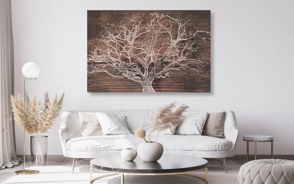 Stampa su tela – Corona dell'albero su sfondo di legno
