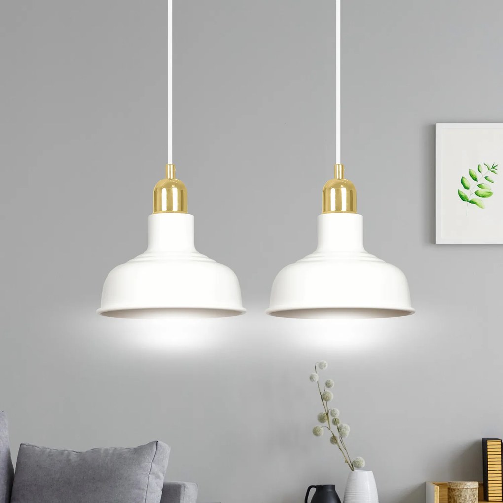 Lampadario Industrial 2 Luci Kubera In Acciaio Bianco Con Elementi In Oro