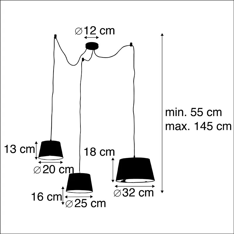 Lampada a sospensione con 3 paralumi in cotone nero e oro - Cava