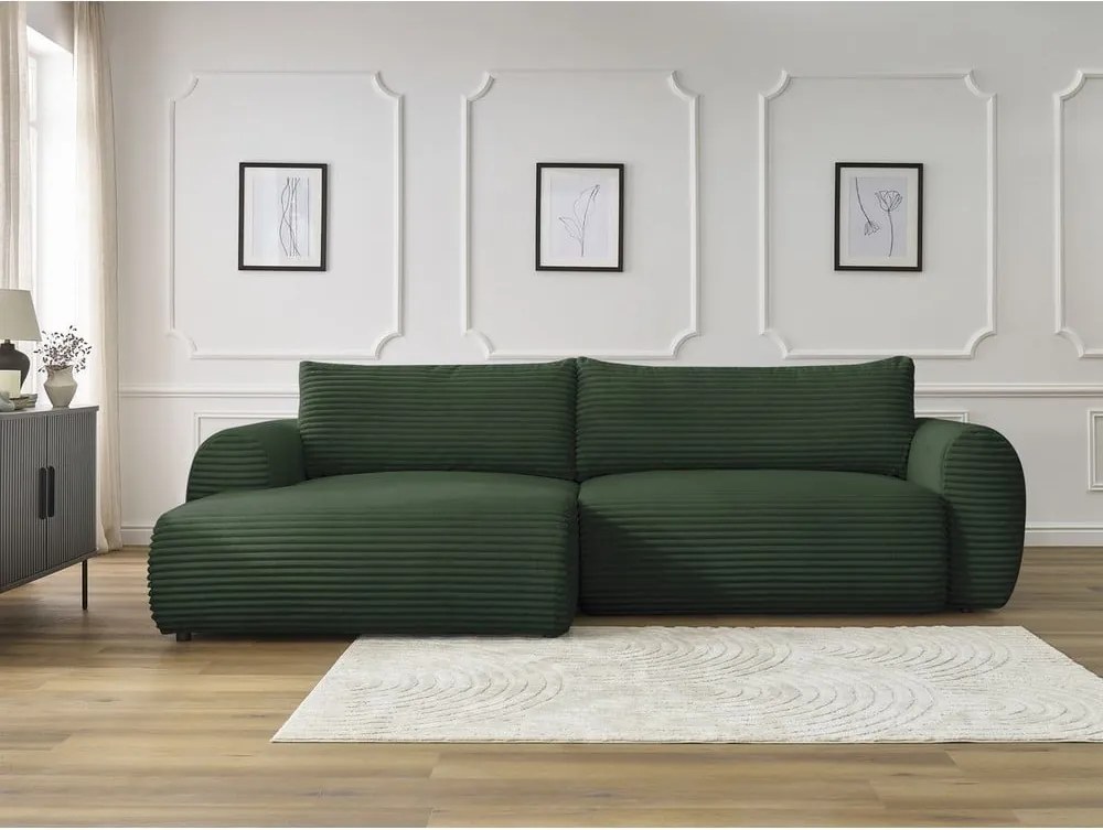 Divano angolare in verde scuro allungabile (con penisola a sinistra) con rivestimento in velluto a coste Lucien – Bobochic Paris