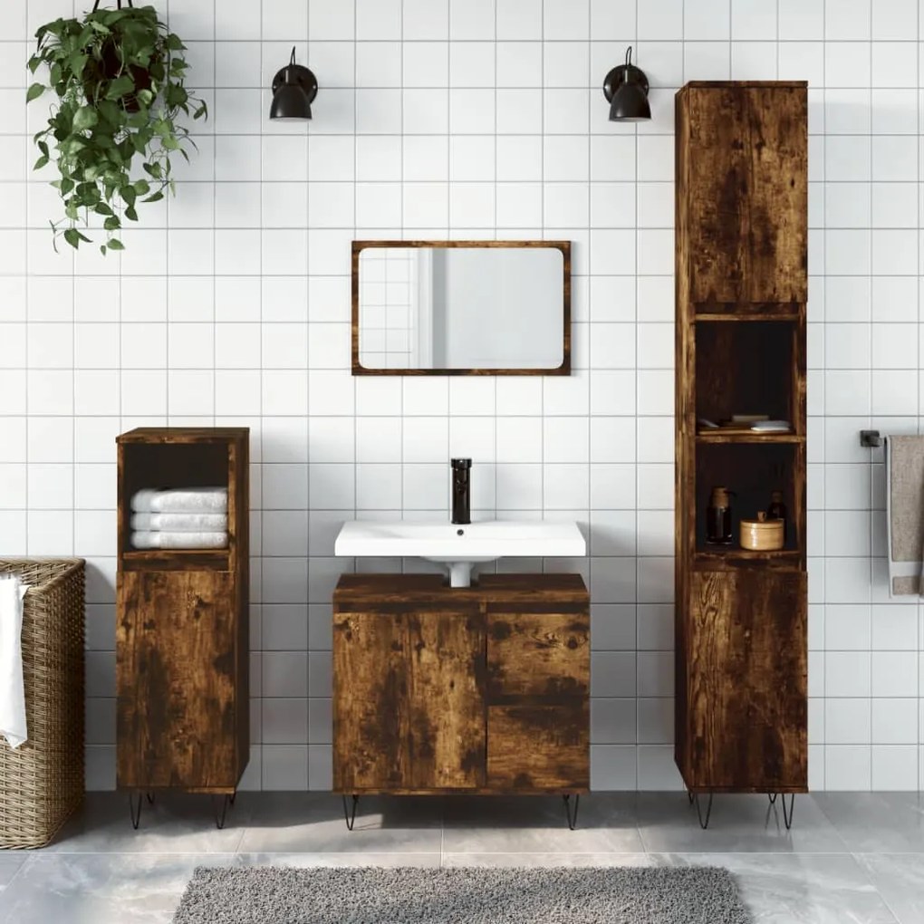 Set Mobili Da Bagno 3 Pz Rovere Fumo İn Legno Multistrato /