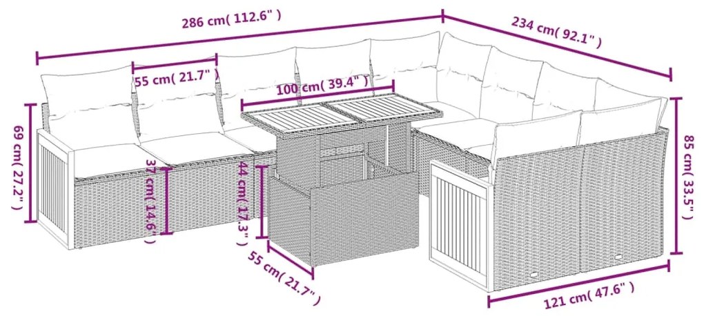 Set divani da giardino 10pz con cuscini in polyrattan nero