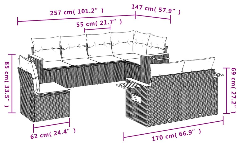 Set divano da giardino 8 pz con cuscini beige in polyrattan