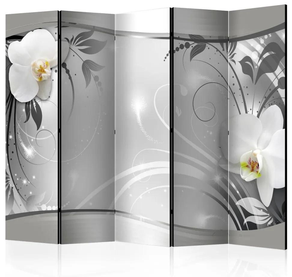 Paravento design Astrazione argentea II - orchidee su sfondo argentato con ornamenti