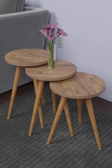 Set 3 Tavolini Decorativi Da Salotto Gambe Legno Aphrodite Rovere