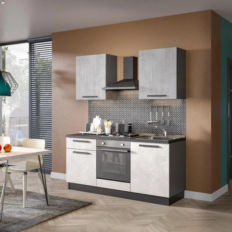 Cucina montata Dora bianco e grigio chiaro, lavello reversibile, L 180 cm, completa di: cappa a camino, piano cottura a gas e forno