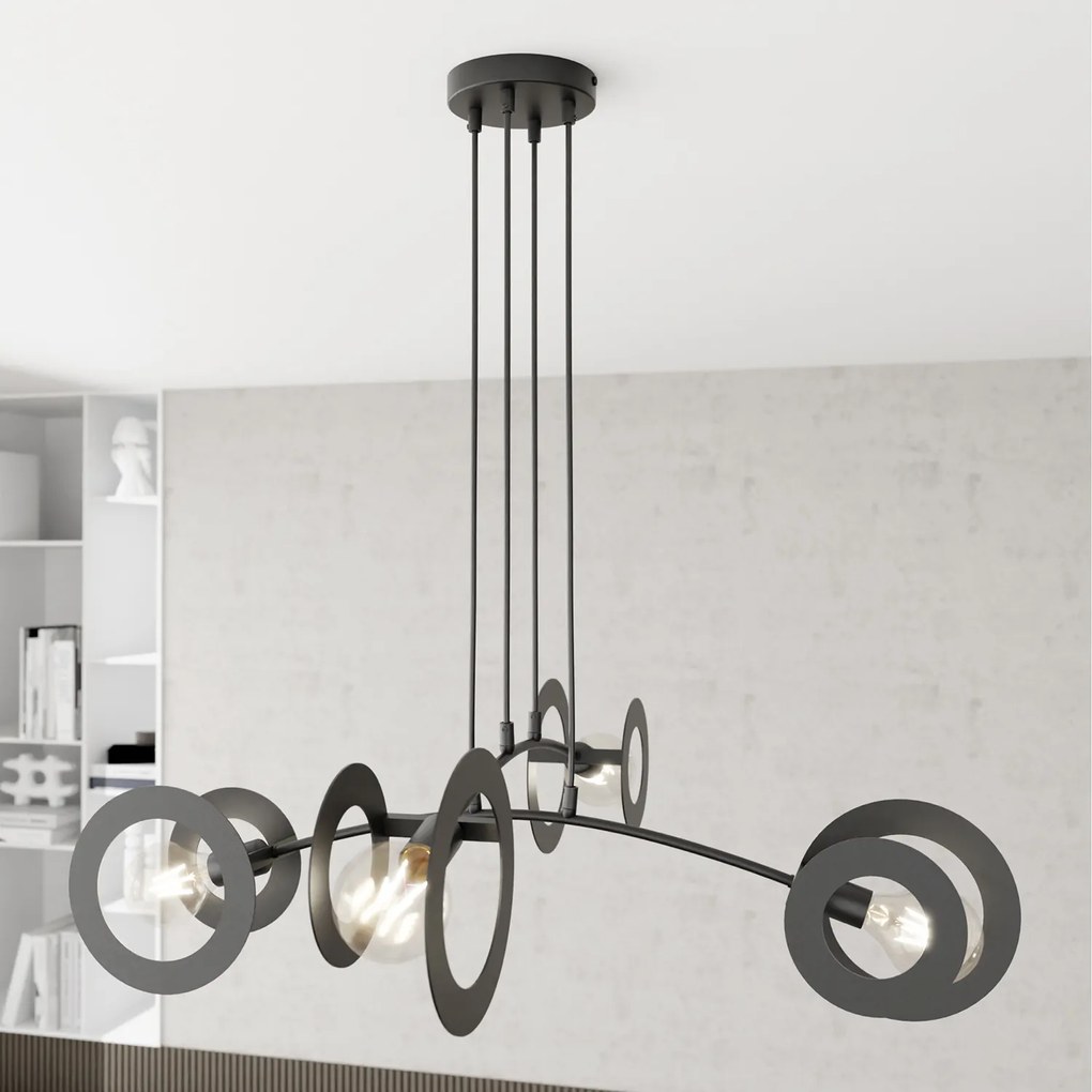 Lampadario 4 Luci Crono In Acciaio Nero A Bracci E Diffusori A Doppio Cerchio