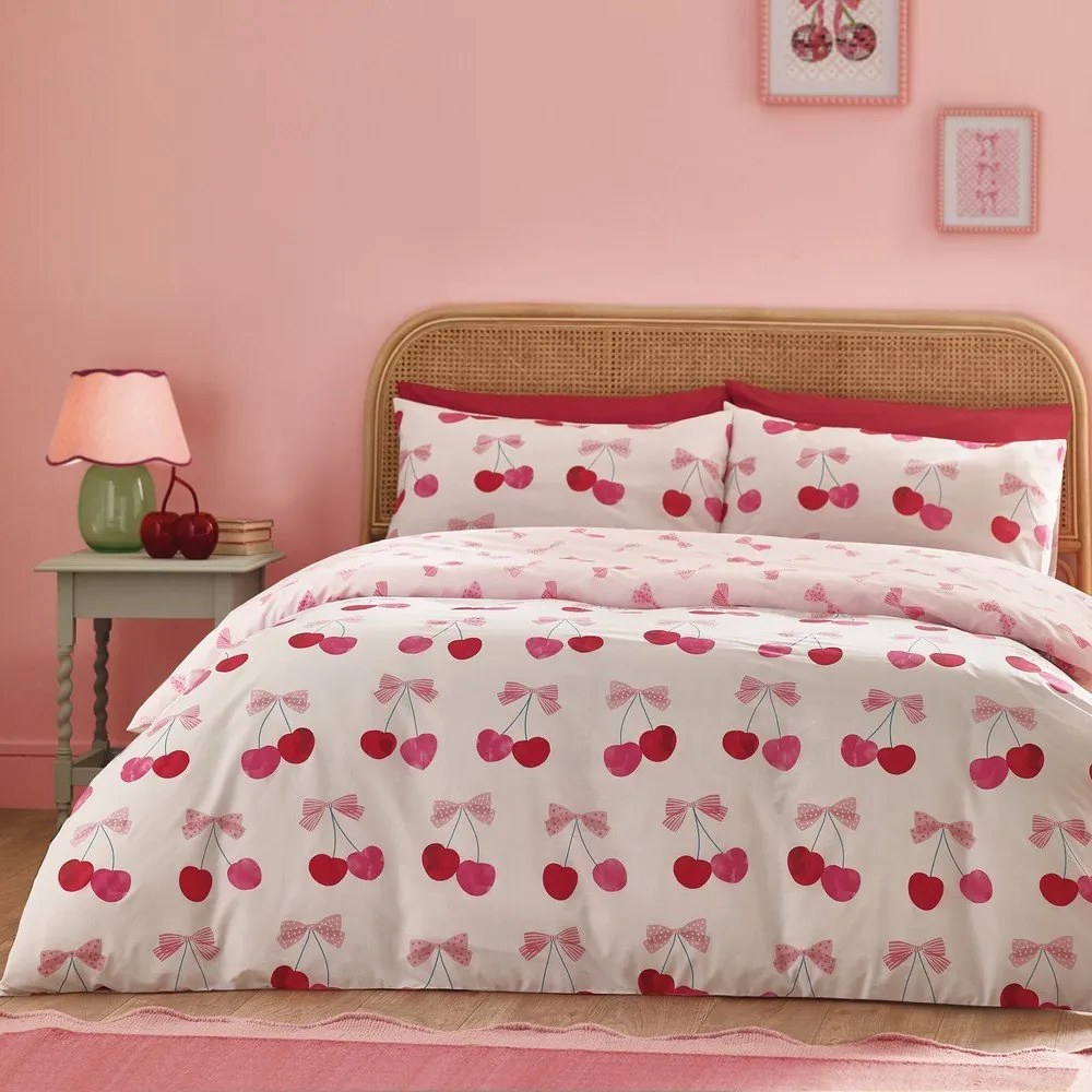 Set copripiumino e federa bianco e rosa per letto matrimoniale e per letto esteso 230x220 cm Cherries and Bows – Catherine Lansfield