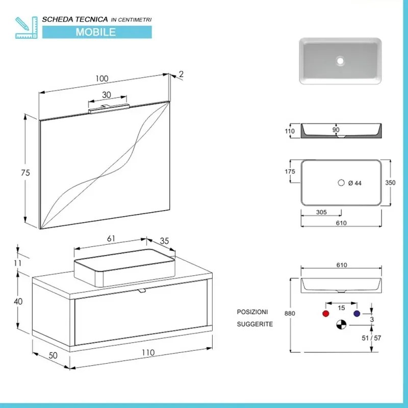Mobile bagno sospeso 110 cm Master rovere miele con lavabo e specchio