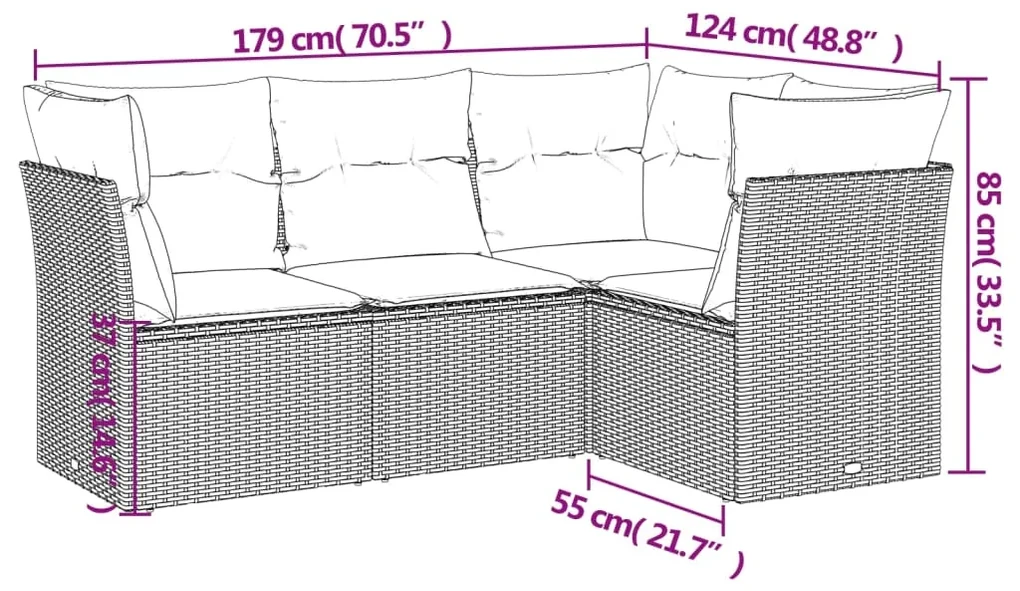 Set divani da giardino 4 pz con cuscini nero in polyrattan