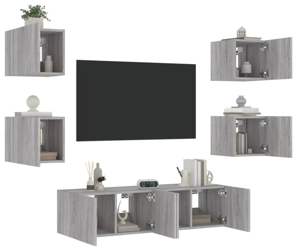 Mobili Tv A Muro Con Led 6pz Grigio Sonoma Legno Multistrato /