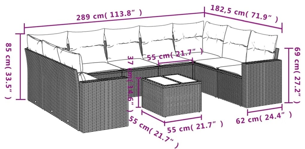 Set divani da giardino 10pz con cuscini in polyrattan nero