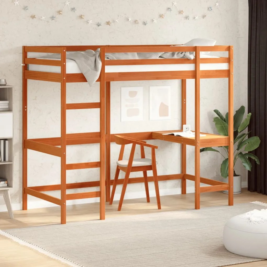 Letto soppalco con scrivania marrone cera 100x200 cm legno pino