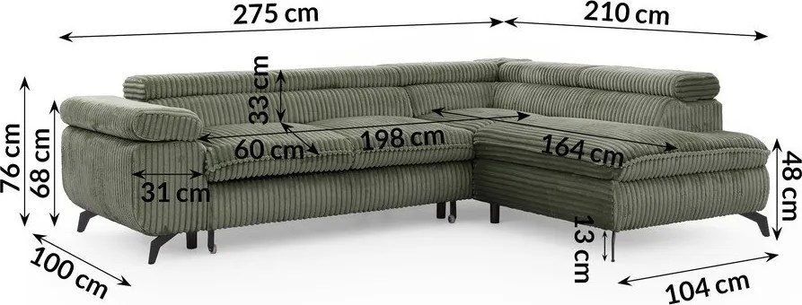 Divano angolare verde (con penisola a destra/a L) con rivestimento in velluto a coste Marbeya – Ropez