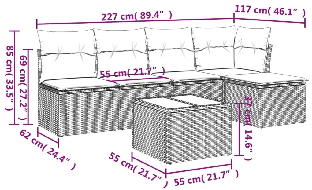 Set Divano da Giardino 6 pz con Cuscini Beige in Polyrattan