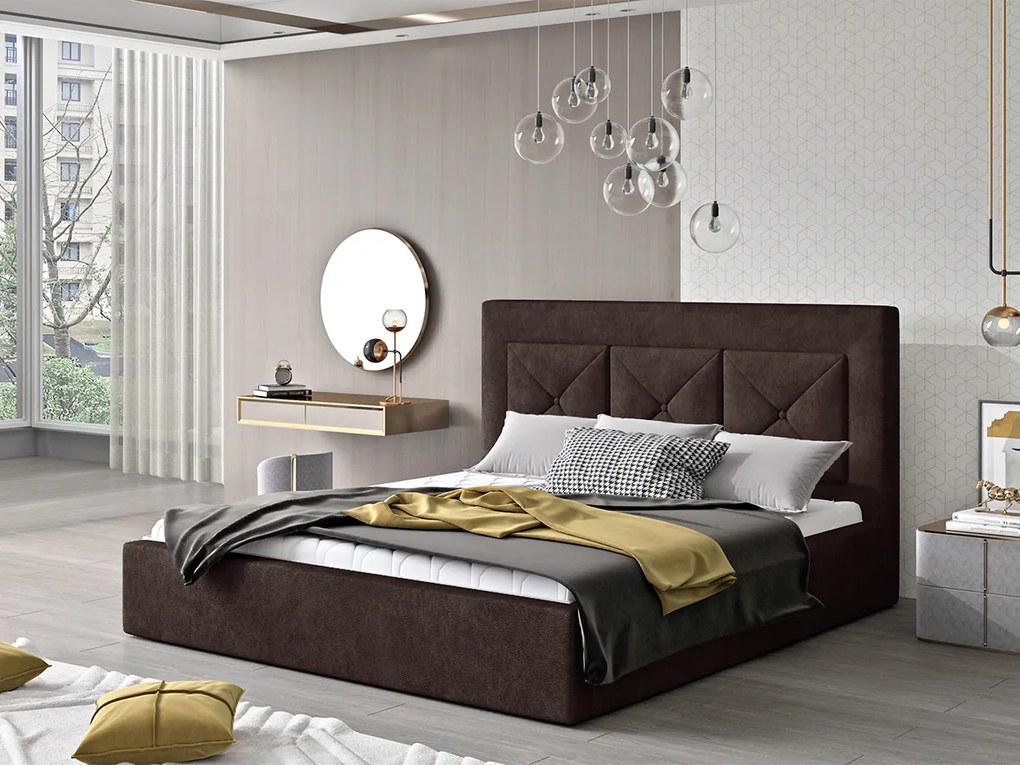 Letto matrimoniale con box contenitore Lione - 160 x 200 cm , Tessuto marrone