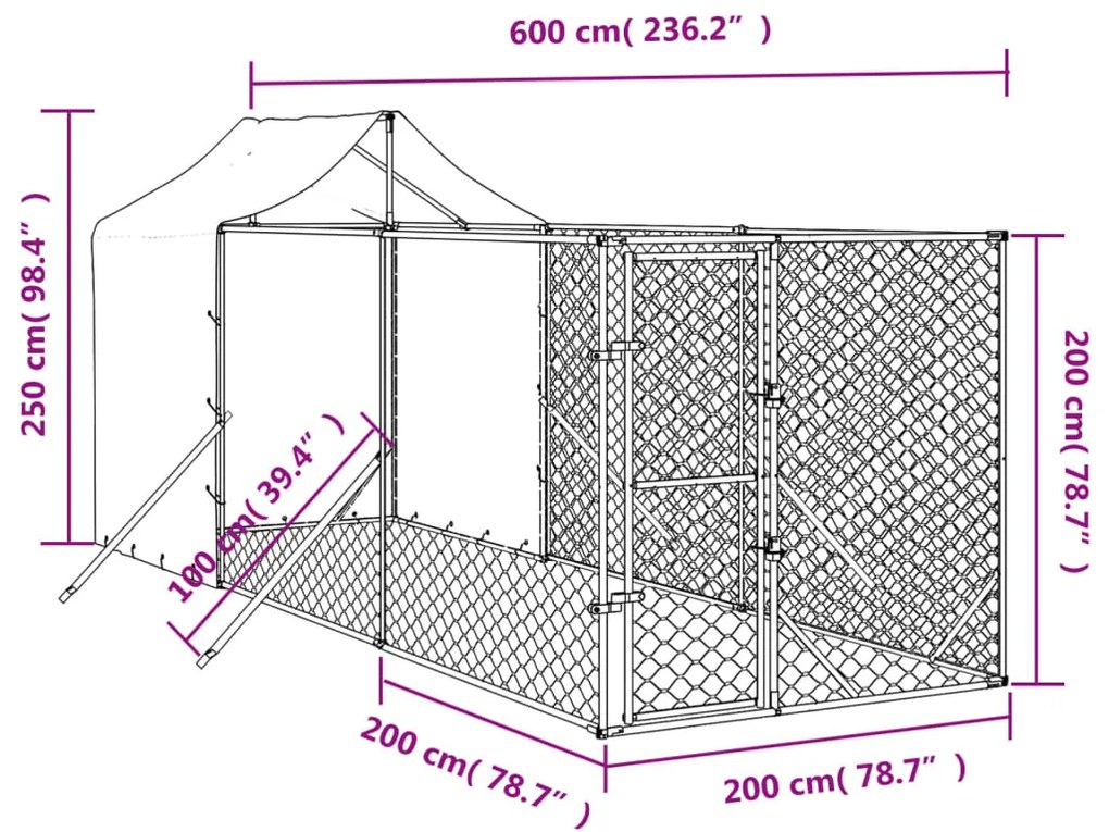 Cuccia cani da esterno tetto argento 2x6x2,5 m acciaio zincato