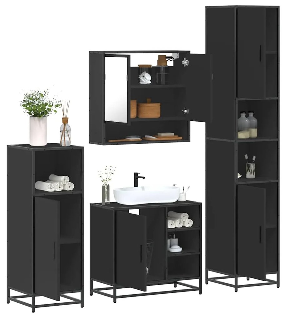 Set Mobili Da Bagno 4 Pz Nero İn Legno Multistrato /
