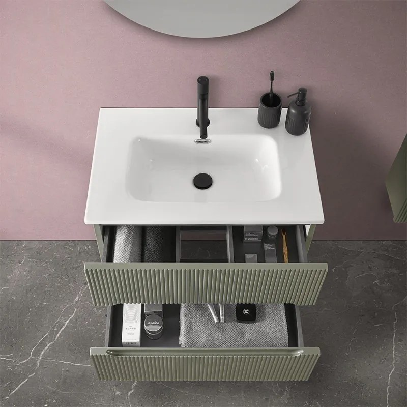 Mobile bagno sospeso cannettato 70 cm verde con specchio   Bali