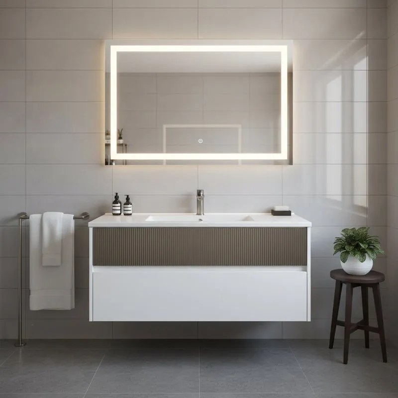 Mobile da bagno sospeso sotto lavabo Niwa 2 cassetti L 119.5 x H 50 x P 45.5 cm bianco e grigio cannettato